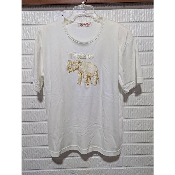 Lighty Vintage Women's White Thailand Gold Embroidered Elephant Heavy T-Shirt Si - Picture 1 of 6